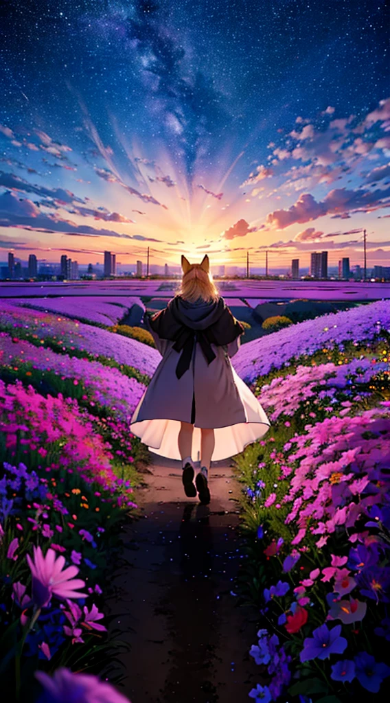 １people々々々々々々々,Woman with medium length blonde hair，Fox Ears，Long coat，Takageta， Dress Silhouette， Rear View，Space Sky, Flower Field，Colorful flowers，Dancing Petals，