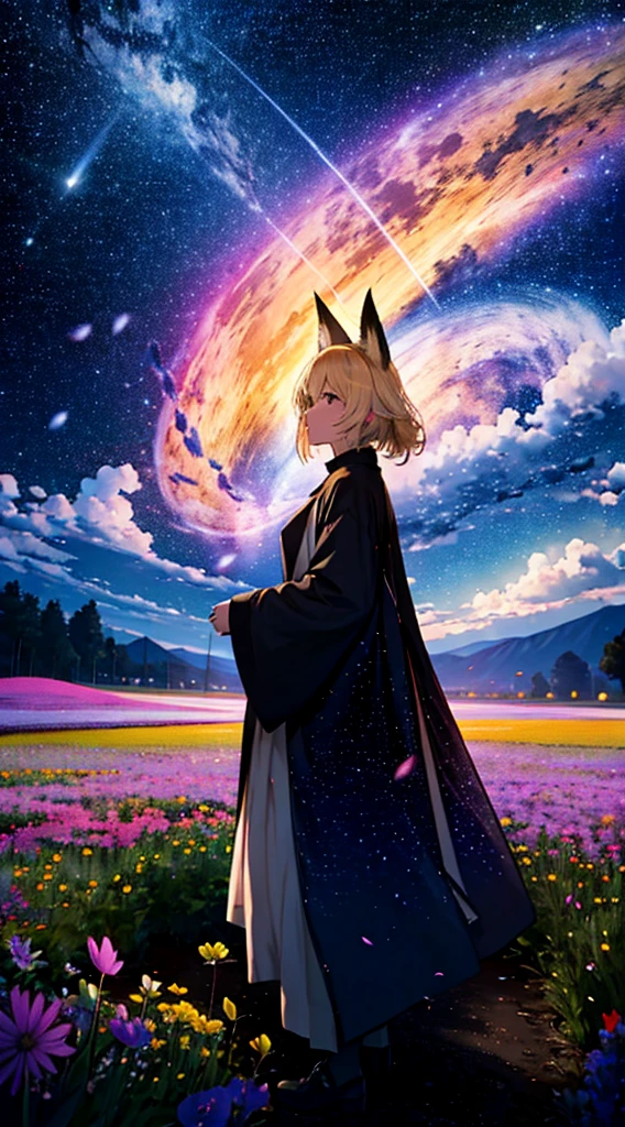 １people々々々々々々々,Woman with medium length blonde hair，Fox Ears，Long coat，Takageta， Dress Silhouette， Rear View，Space Sky, Flower Field，Colorful flowers，Dancing Petals，