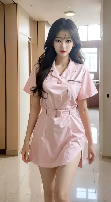 Photorealisticistic beautiful nurse with a stunningly beautiful face, donning a pink nurse uniform of the highest quality, 8k, 32k, masterpiece finish. Her ultra-high resolution image embodies the photorealistic details, showcasing RAW photos with an incre...