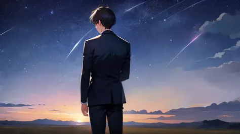 vast land、beautiful starry sky、back view of a man in a suit、large constellations、