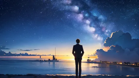 beautiful city、beautiful starry sky、beautiful night sky、the back view of a man standing sadly alone、