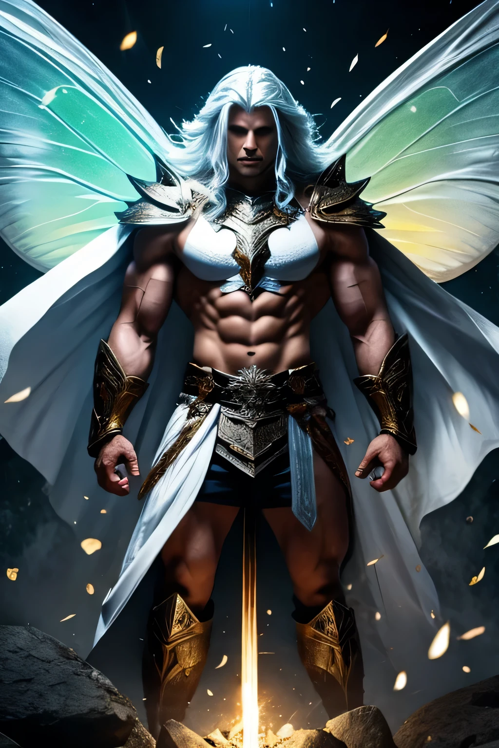 Fairy King, male, butterfly wings, casting magic spells, light, white cloth armor, handsome, big muscles, glowing white eyes, long white hair, aura, fighting stance.