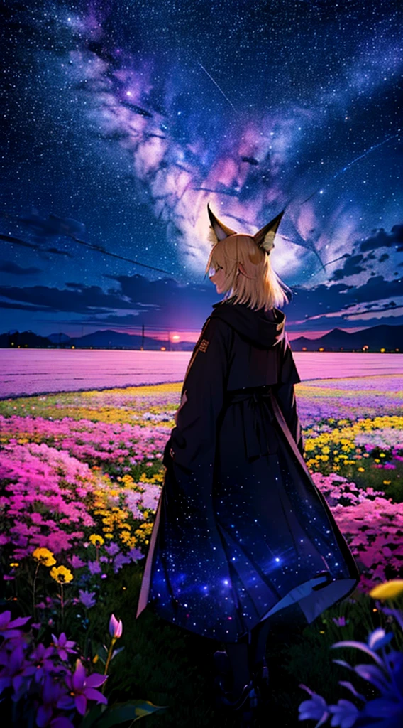 １Menschen々々々々々々々々,Frau mit mittellangen blonden Haaren，Fuchsohren，langer Mantel，Takageta， Kleid Silhouette， Rückansicht，Weltraumhimmel, Blumenfeld，farbenfrohe Blumen，tanzende Blütenblätter，