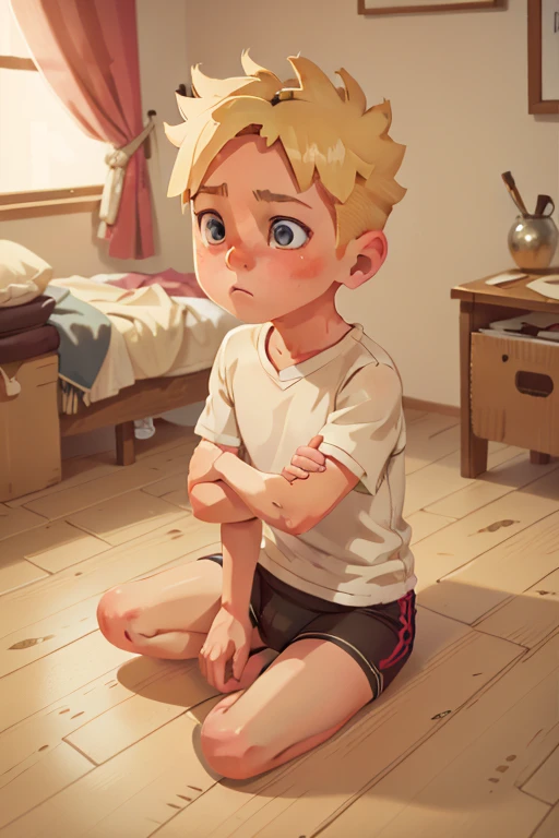 John - 10 year old boy, slim, Cute, bright eyes, Short blond hair, in your bedroom, sitting on the floor, clasping his head in his hands, you look curious and thoughtful, Without clothing, only briefs