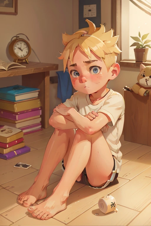 John - 10 year old boy, slim, Cute, bright eyes, Short blond hair, in your bedroom, sitting on the floor, clasping his head in his hands, you look curious and thoughtful, Without clothing, only briefs