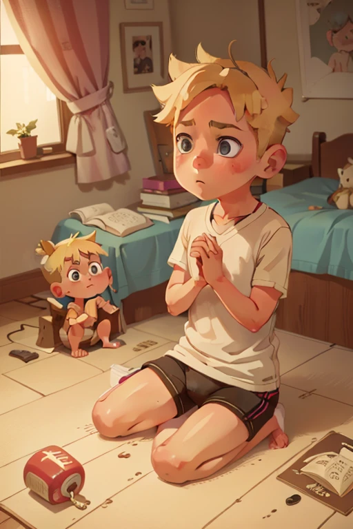  10 year old boy, slim, Cute, bright eyes, Short blond hair, in your bedroom, sitting on the floor, clasping his head in his hands, you look curious and thoughtful, Without clothing, only briefs, view between legs