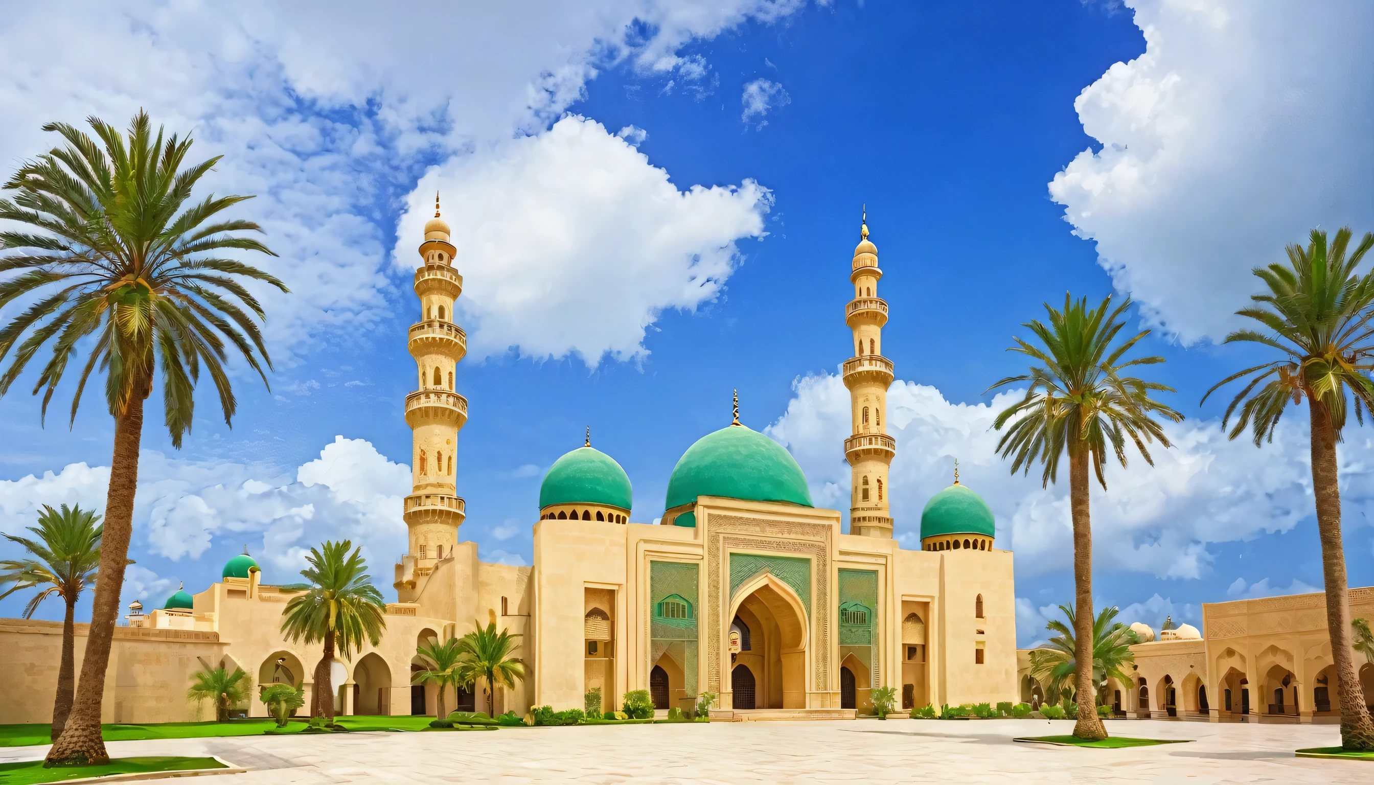 Arabian buildings with mosque and palm trees, set against a cloudy sky, outdoor palm trees surrounding the historic site, scenery, sky, tree, cloud, palm_tree, outdoors, building, day, city, fantasy, arch, cloudy_sky, blue_sky