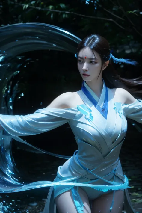 Epic water bend shooting, in front, Award-winning photography, wuxia, Beautiful Chinese woman，Very close focus on the face, Phot...