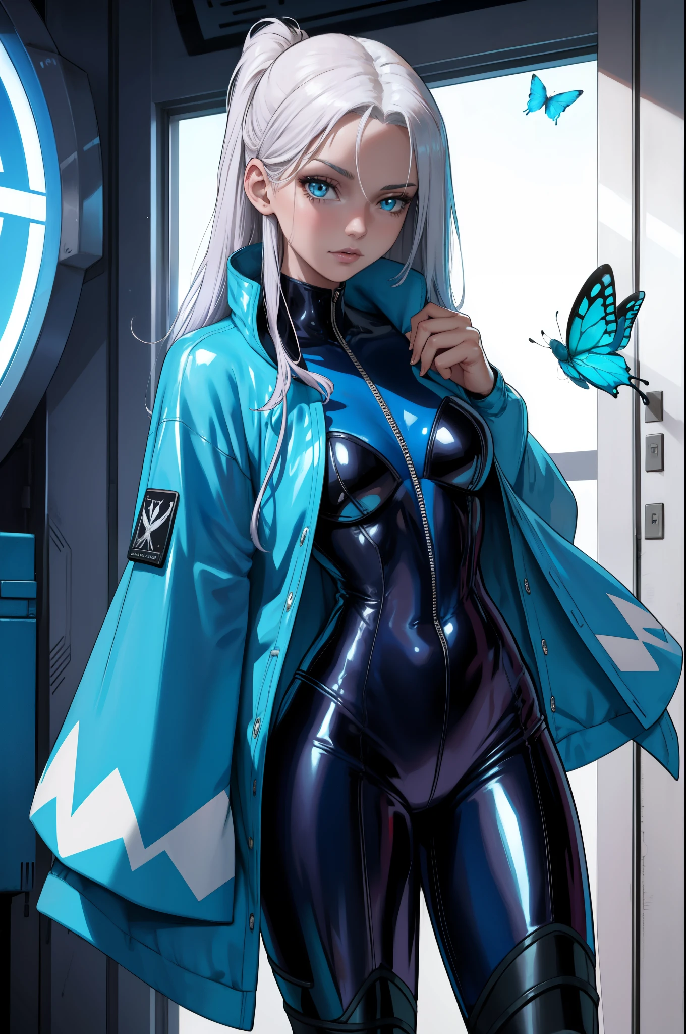 Glowing blue butterfly，Blue skinny latex jacket，agent，1girll，blue colors，Long white hair， Masterpiece, Best quality,A high resolution,Detail enhancement，best qualtiy，Perfect image quality，Cool and elegant，Beautiful and gentle，cyber punk perssonage
