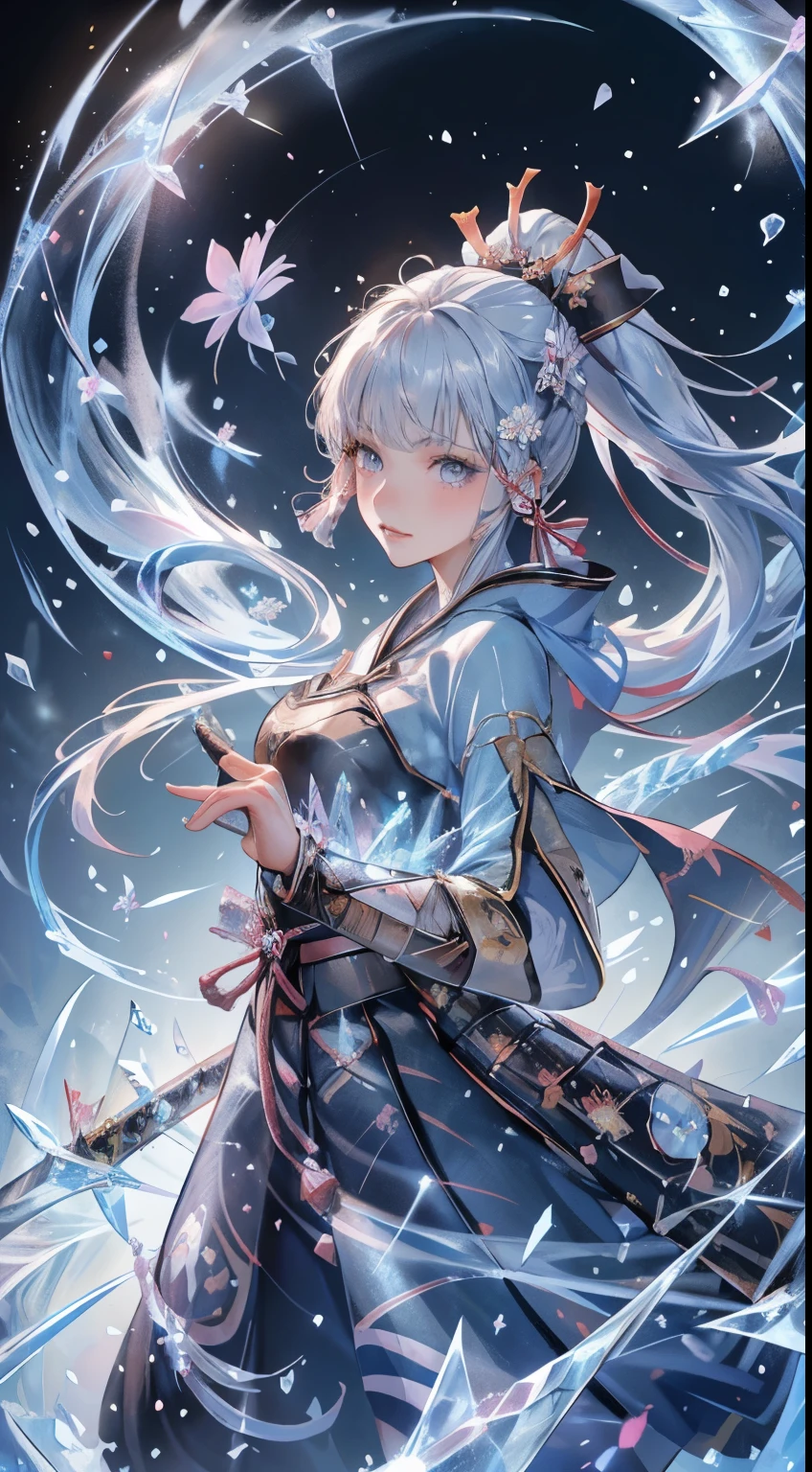 kamisatoayakadef,1 Anime Girl, warrior, Realistic people,Realistic, beautiful, smile, elegant, Majestic, Splash Art, Particles of light, Diamond Blade, (Cold Energy, Cold Air Blast, cold water: 1.4) Dynamic pose, ((JapaneseKatana,Hold the sword))((Holding a sword)),Milky Way, (Fractal Art:1.1), (colorful:1.1),(Ice Flower:1.4), (Spiral Splash), Most detailed,(Tangled:1.1),(抽象的なbackground:1.1), (Shiny skin), (Many colors:1.4), Ultra-high resolution, retina, masterpiece, Accurate, Anatomically correct, texture.(background:ice-flurry, snow,ice-shard, ice, crystal)
