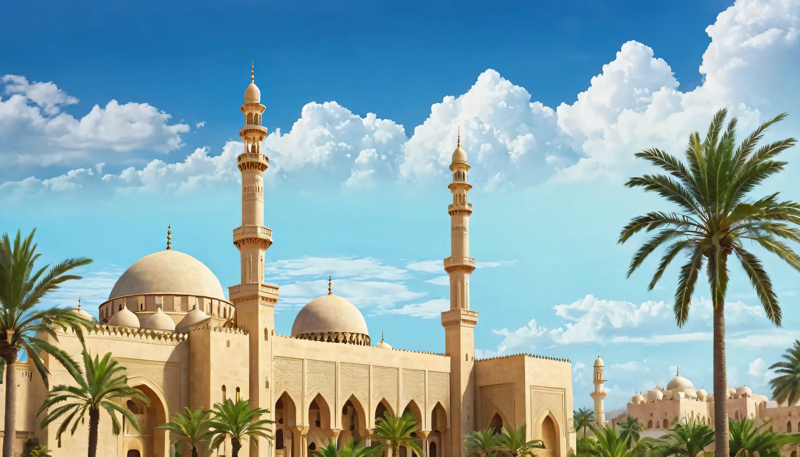 Arabian buildings with mosque and palm trees, set against a cloudy sky, outdoor palm trees surrounding the historic site, scenery, sky, tree, cloud, palm_tree, outdoors, building, day, city, fantasy, arch, cloudy_sky, blue_sky