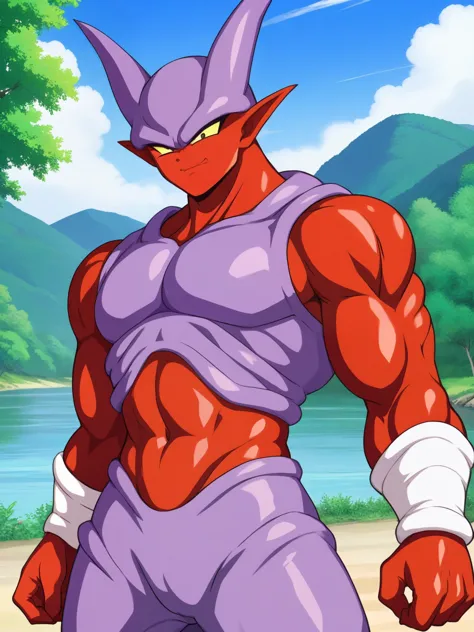 By the riverbank, Janemba shyly removes his purple upper body armor, revealing his red muscles underneath, his expression one of bashfulness.
