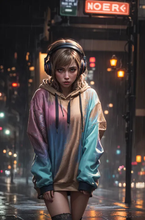 (dark shot:1.1), epic realistic, masterpiece, girl alone, solo, incredibly absurd, hoodie, headphones, street, outdoor, rain, ne...
