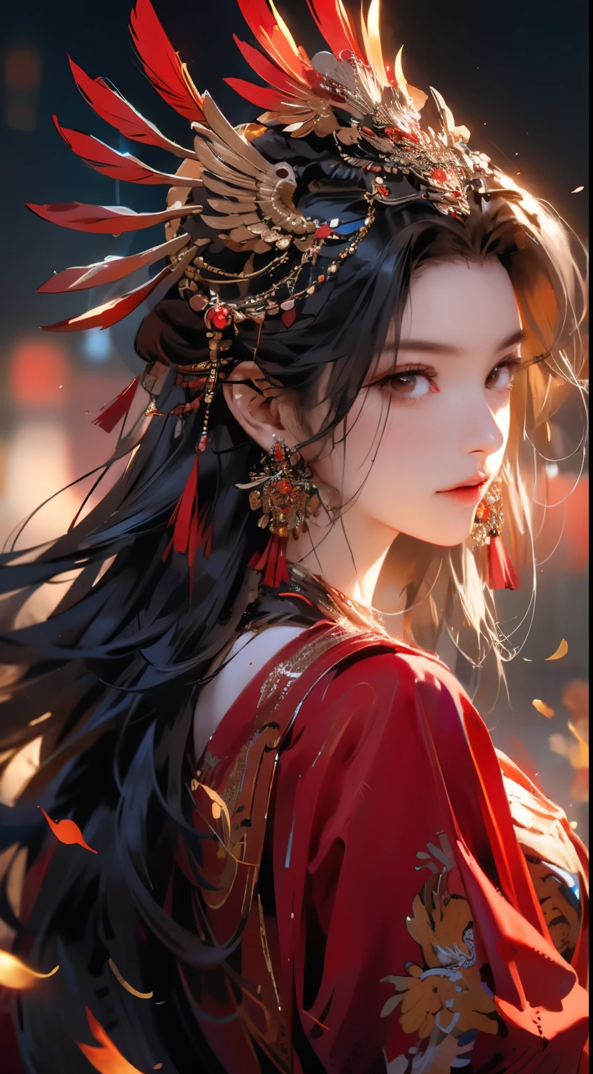 1 Girl,jewelry,earrings,Solitary,Long hair,Hair accessories,look back,Looking at the audience,red skirt,Black Hair,Upper Body,Shut up,Fuzzy,skirt,tassel,Brown hair,feather,From the back,Chinese clothes,tassel earrings,disgust,