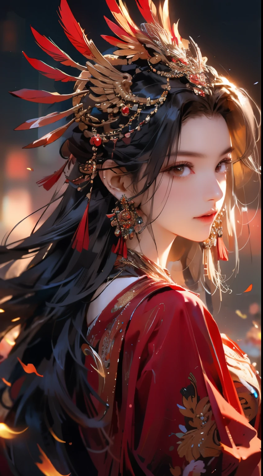 1 Girl,jewelry,earrings,Solitary,Long hair,Hair accessories,look back,Looking at the audience,red skirt,Black Hair,Upper Body,Shut up,Fuzzy,skirt,tassel,Brown hair,feather,From the back,Chinese clothes,tassel earrings,disgust,