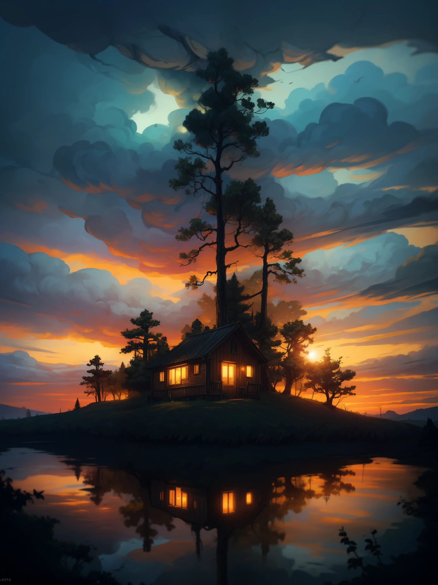 aerial view of cabin in a scenery from a mystical movie, mystical, string lights, evening time, dim light, vibrant tones, mysterious forest of pandora, thick lines, cozy tones, ruver, reflection, unique trees, mystical world, dramatic cloudy sky, magical, shade, shadow, ghibli style, outdoors, cozy atmosphere, micro landscape, intrinsic details