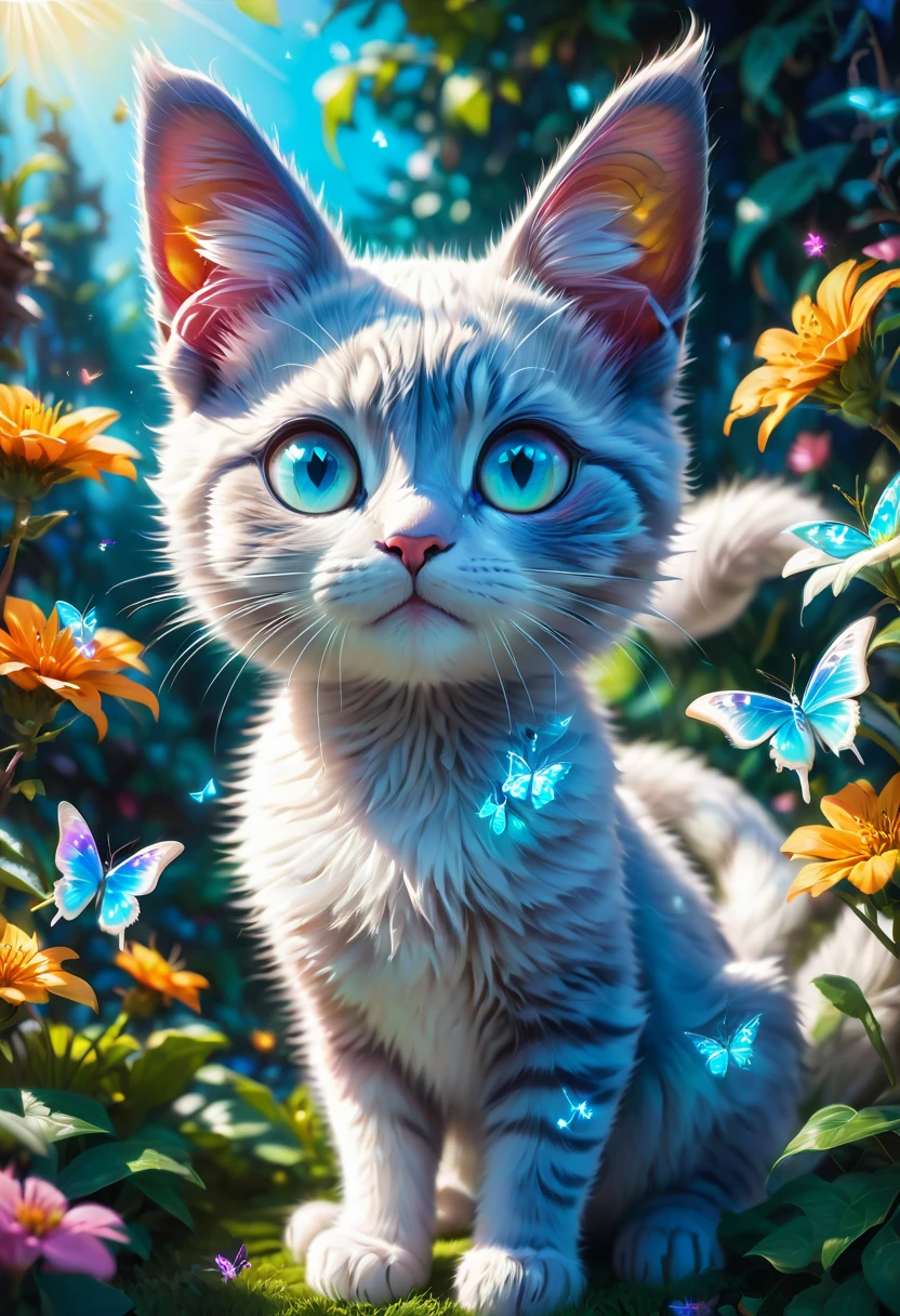 blue butterfly, aesthetic, An adorable grey and white kitten with upright ears playfully pounces among butterflies in a color-filled garden on a bright spring day. Radiant in the sunlight, its curious blue eyes epitomize cute baby animals. Pixar, Disney, concept art, 3d digital art, Maya 3D, ZBrush Central 3D shading, bright colored background, radial gradient background, cinematic, Reimagined by industrial light and magic, 4k resolution post processing