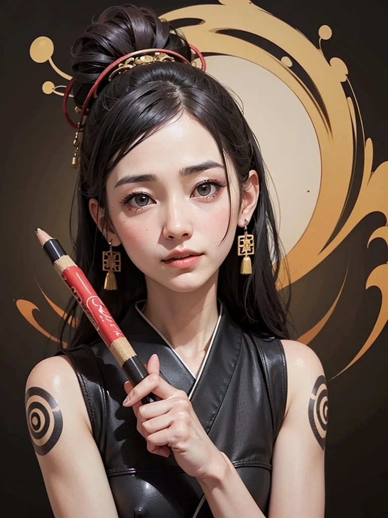 Professional drawing with colored pencils. A heavily tattooed geisha, With a strange expression and a large knife in his hand. Japan and European style. Moderate nuance color, Contrasting colors. Some doodle style and vector art. ((Best Quality))
