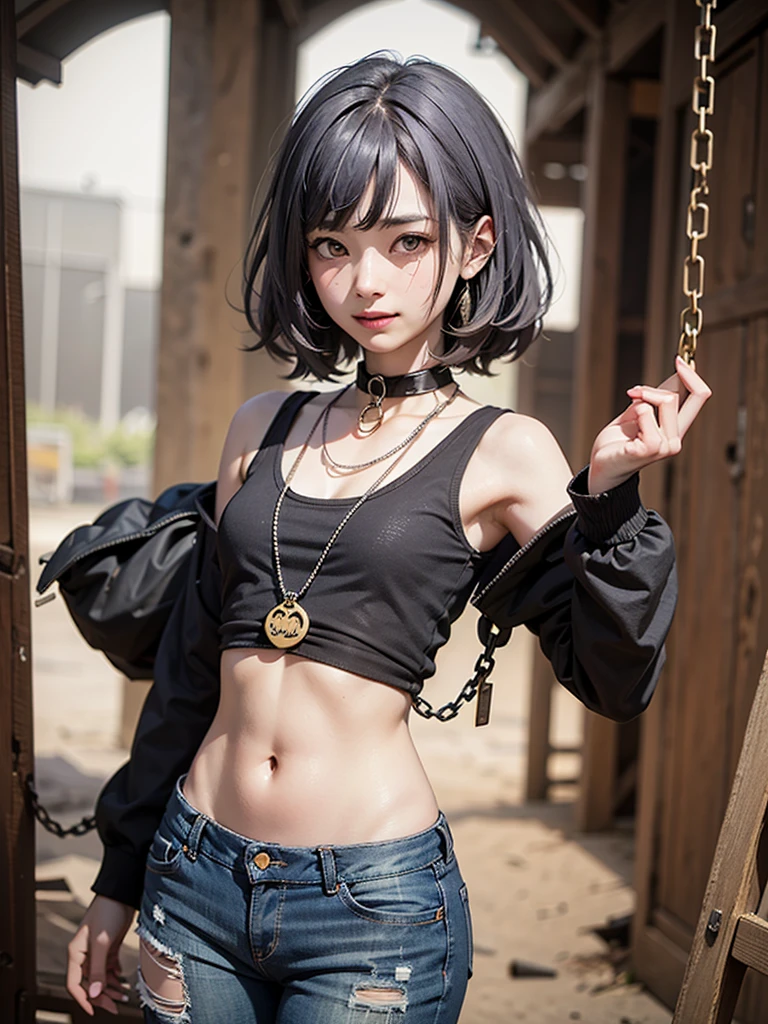 Painting of water, mud and thunderclouds, top quality, High resolution,(A frame made of chains and ruins),pretty girl、Small eyes、（Flat Chest）, ((Odd colored hair,green,purple,yellow)), beautiful、、Tattered white denim pants、Tattered colorful tank top、Circus、Collar with a large chain、Clown、Bold Pose
