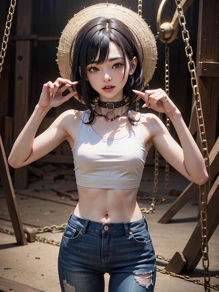 Painting of water, mud and thunderclouds, top quality, High resolution,(A frame made of chains and ruins),pretty girl、Small eyes、（Flat Chest）, ((Odd colored hair,green,purple,yellow)), beautiful、、Tattered white denim pants、Tattered colorful tank top、Circus、Collar with a large chain、Clown、Bold Pose
