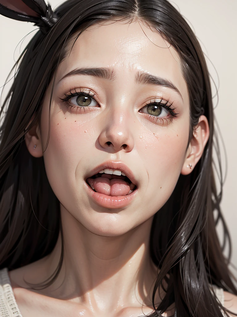 (Realistic, photoRealistic:1.37)Very detailedな顔と肌の質感, (Beautiful Eyes),Very detailed, Keep your eyes clearly focused, Nose and mouth,Face Focus, Woman with open mouth and closed eyes, ((Bunny girl))、Age 35,Black-haired、Symmetrical face,Realistic nostrils、Angle from below、Elongated C-shaped nostrils,,,,,,,,,,,,,,,,,,,,,,,,,,,,,,,,,,,,Browsing Caution,White Background、Sweaty skin、Lighting that accentuates skin that shines with sweat、((Nose hook))Skin shiny with sweat、Shiny skin、(Wet and shiny tongue)
