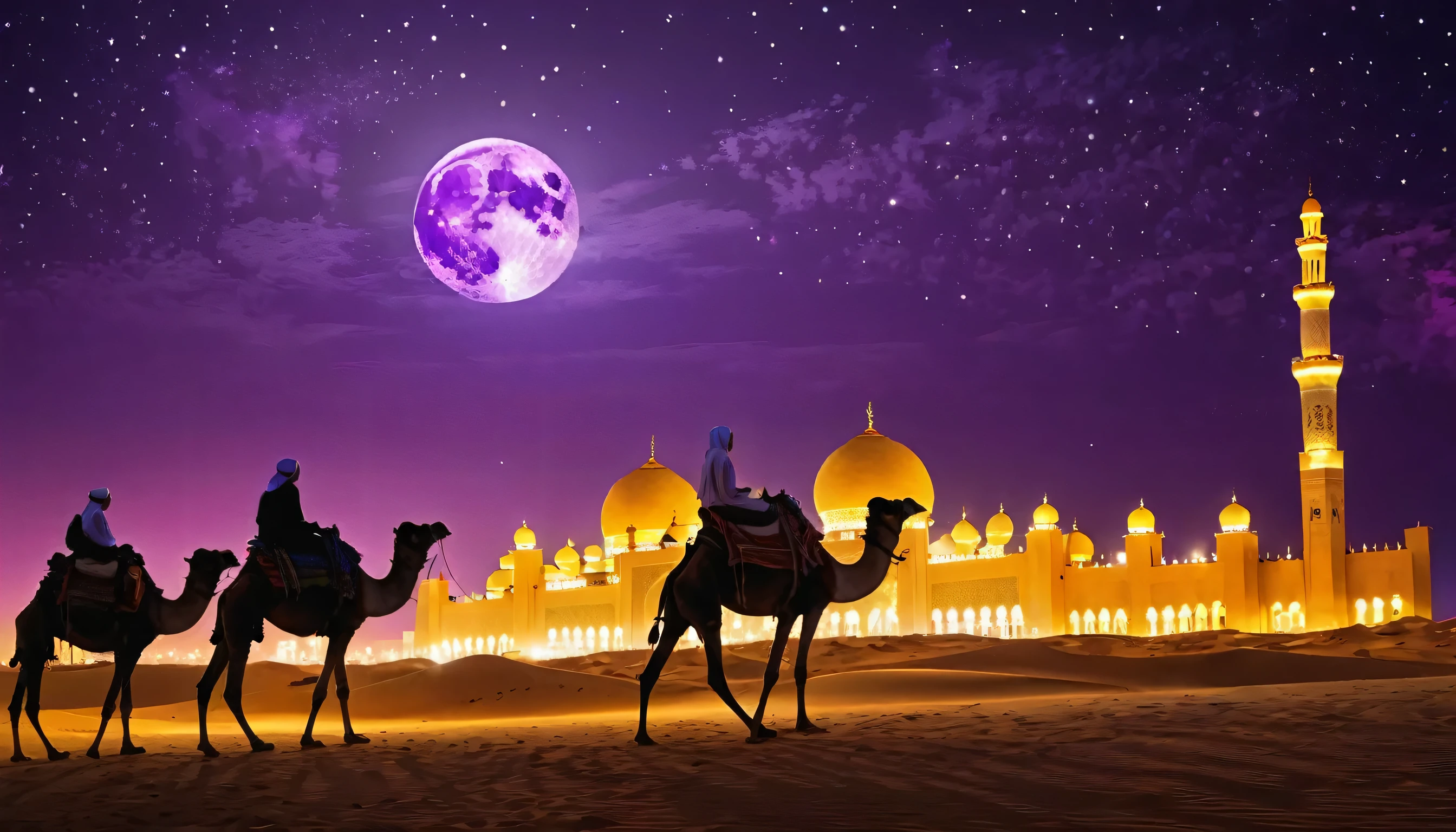 Arabia, Arabian scenery, full moon, gigantic moon behind the horizon, night sky, starry sky, purple sky, people riding camels, night, outdoors, silhouette, palm trees, buildings and mosque in the background