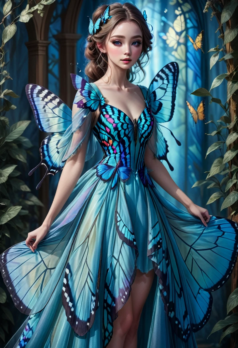 1girl, blue butterfly, butterfly dress, vibrant colors, delicate wings, flowing fabric, ethereal atmosphere, nature-inspired, dreamlike, soft lighting, intricate details, fantasy fashion, graceful movement, whimsical, magical, enchanting, surreal, painterly style, pastel tones, shimmering, elegant, enchanting, ethereal beauty