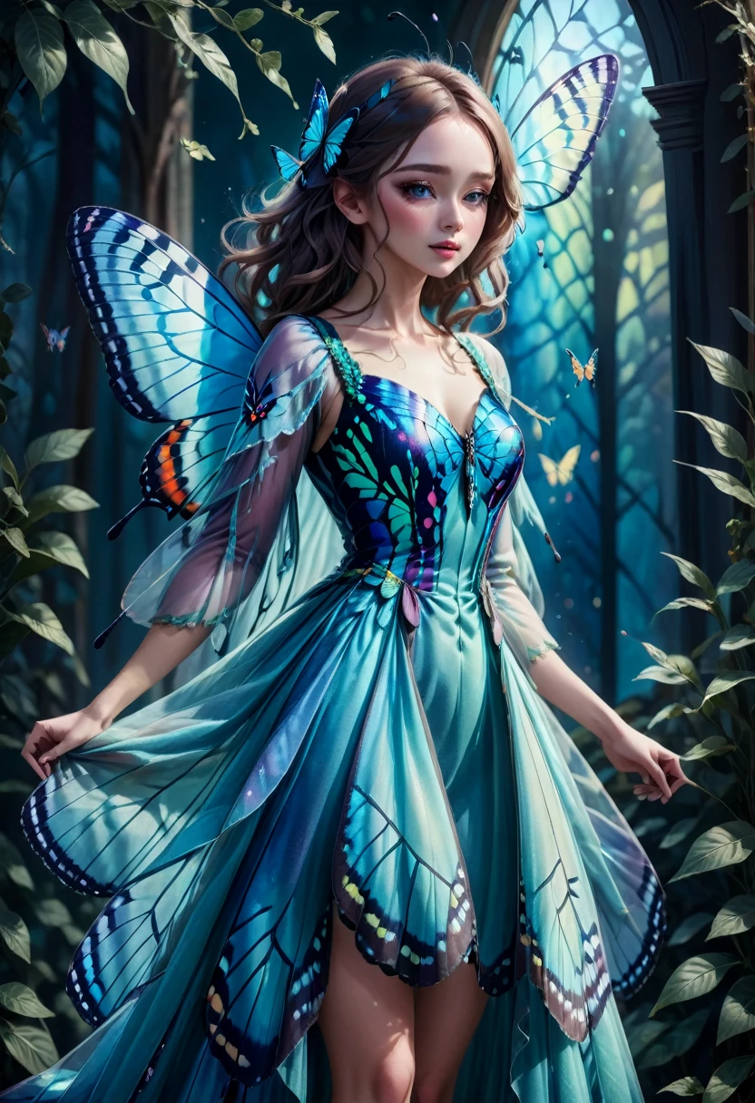 1girl, blue butterfly, butterfly dress, vibrant colors, delicate wings, flowing fabric, ethereal atmosphere, nature-inspired, dreamlike, soft lighting, intricate details, fantasy fashion, graceful movement, whimsical, magical, enchanting, surreal, painterly style, pastel tones, shimmering, elegant, enchanting, ethereal beauty