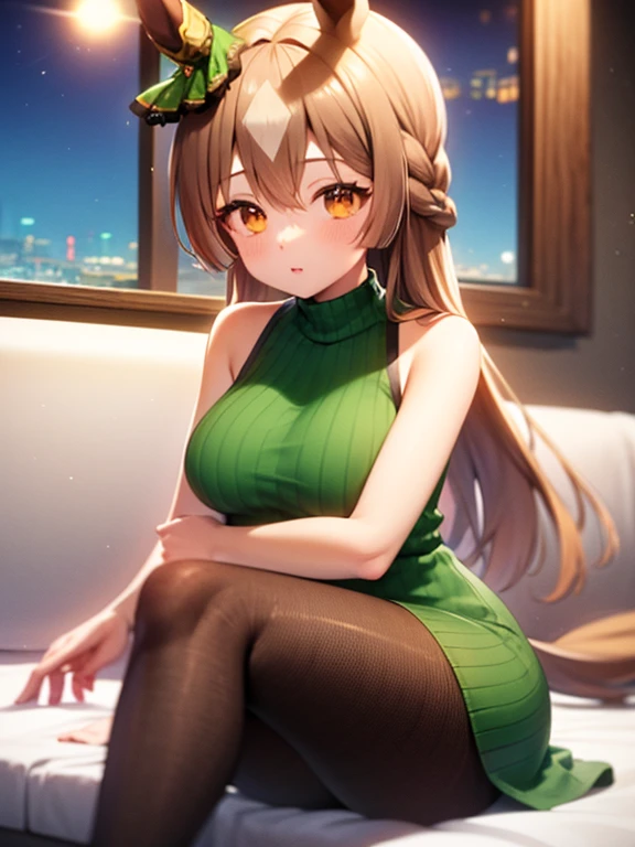 Satono Diamond\(umamusume\), ((highest quality))、((masterpiece))、Ultra-high resolution、、(Anime 2D Rendering, Realistic young anime woman), 
Beautiful body, Beautiful thighs, Beautiful feet, White beautiful skin、 
Virgin Killer Sweater with a Visible Back, Sleeveless turtleneck, Sweater dress, aran sweater, (Side bust), Green Sweater, Black Pantyhose,
Sitting on the bed,Sexy pose,Pink Proof,night,moonlight,erotic,romantic
