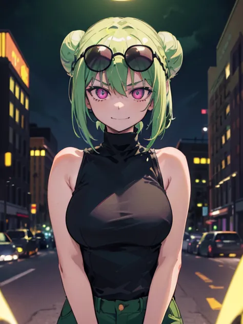 (highres), (detailed) 1 girl, alone, medium hair, pastel green hair, twin buns, evil smile, glowing eyes, violet eyes, round bla...