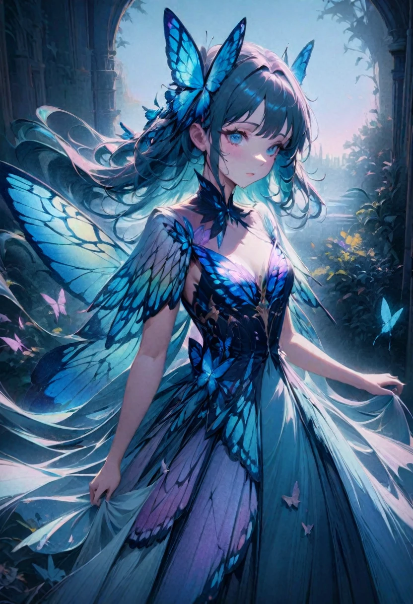 1girl, blue butterfly, butterfly dress, vibrant colors, delicate wings, flowing fabric, ethereal atmosphere, nature-inspired, dreamlike, soft lighting, intricate details, fantasy fashion, graceful movement, whimsical, magical, enchanting, surreal, painterly style, pastel tones, shimmering, elegant, enchanting, ethereal beauty