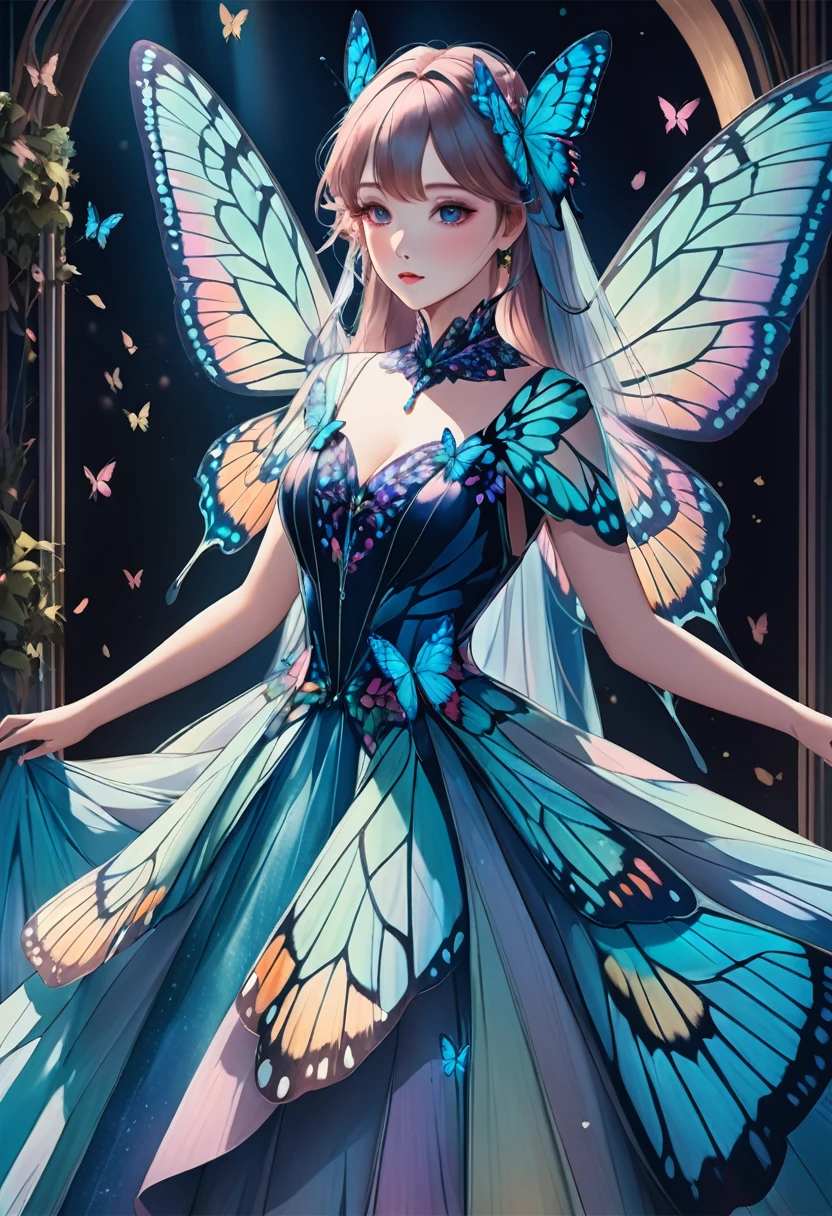 1girl, blue butterfly, butterfly dress, vibrant colors, delicate wings, flowing fabric, ethereal atmosphere, nature-inspired, dreamlike, soft lighting, intricate details, fantasy fashion, graceful movement, whimsical, magical, enchanting, surreal, painterly style, pastel tones, shimmering, elegant, enchanting, ethereal beauty