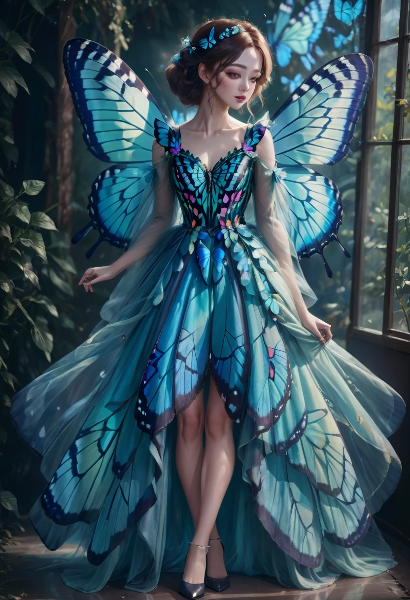 1girl, blue butterfly, butterfly dress, vibrant colors, delicate wings, flowing fabric, ethereal atmosphere, nature-inspired, dreamlike, soft lighting, intricate details, fantasy fashion, graceful movement, whimsical, magical, enchanting, surreal, painterly style, pastel tones, shimmering, elegant, enchanting, ethereal beauty