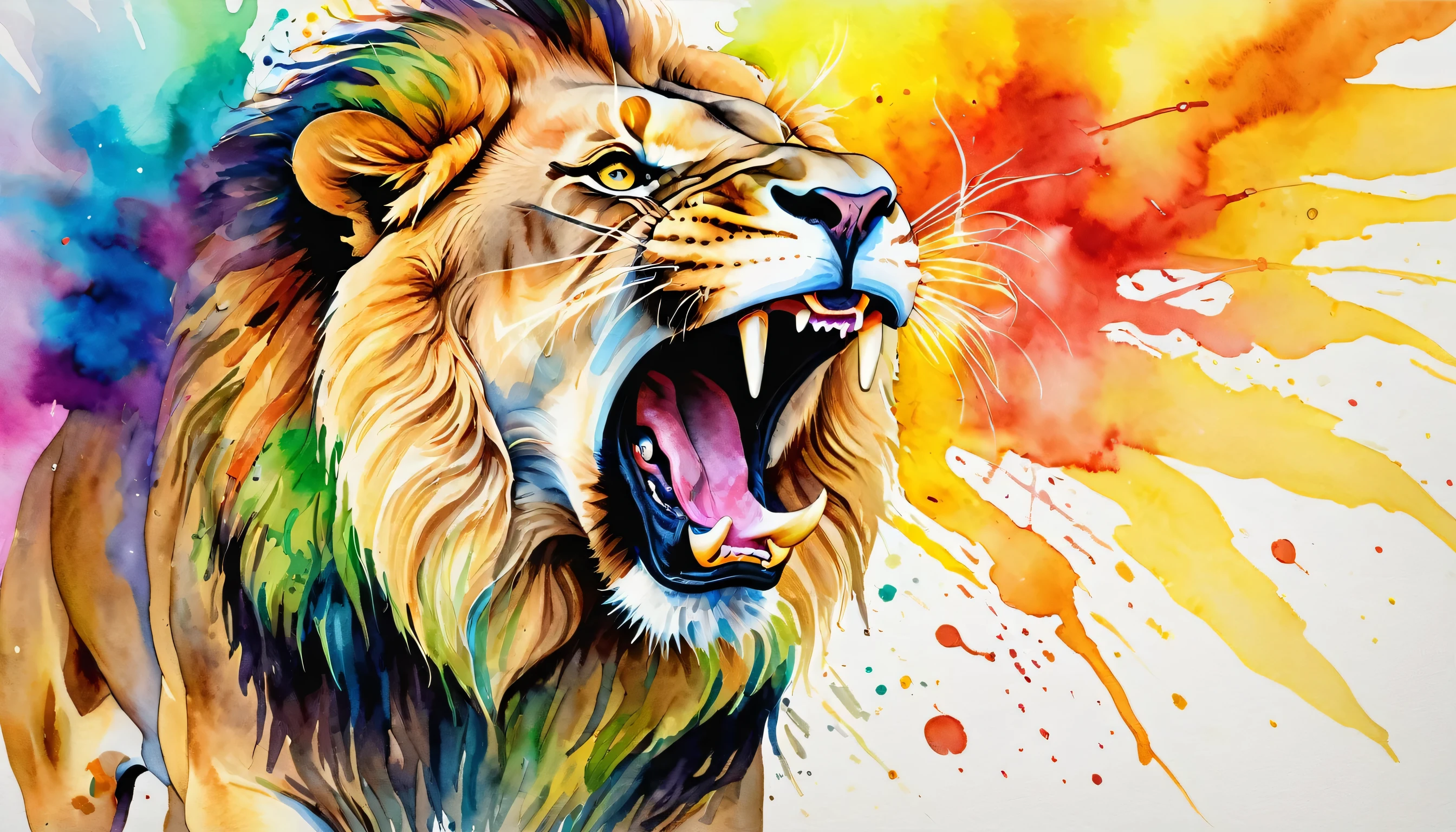 modern art, painting, drawing, watercolor, psychedelic colors, roaring lion, full body, upper body, open mouth, fangs