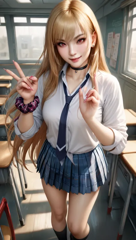 animetoreal,soft light, masterpiece, best quality,high quality,delicate face, realistic,photorealistic,1girl,standing, full body,victory gesture,smile,
Marin Kitagawa, long hair, blonde hair, red eyes, piercing, earrings, ear piercing, stud earrings, black...