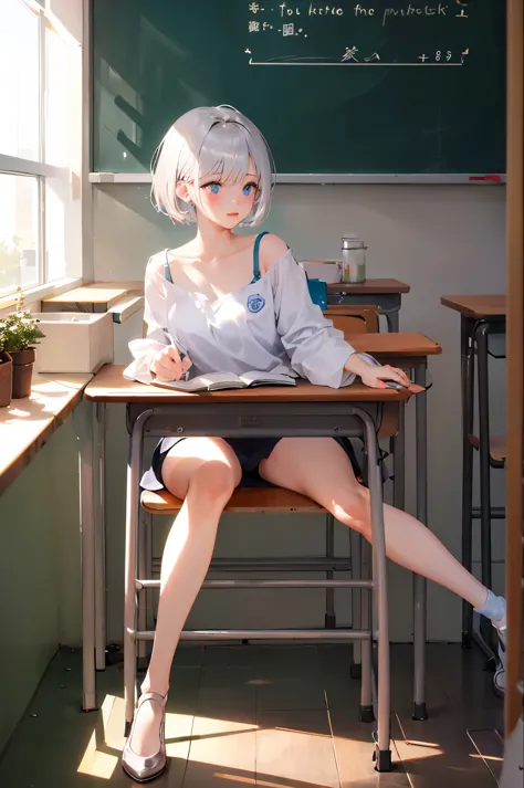 、M-shaped legs、８K,Silver hair, very short hair, slanted eyes, medium breasts（C Cup)-Pale blue eyes、、８K, highest quality, masterp...