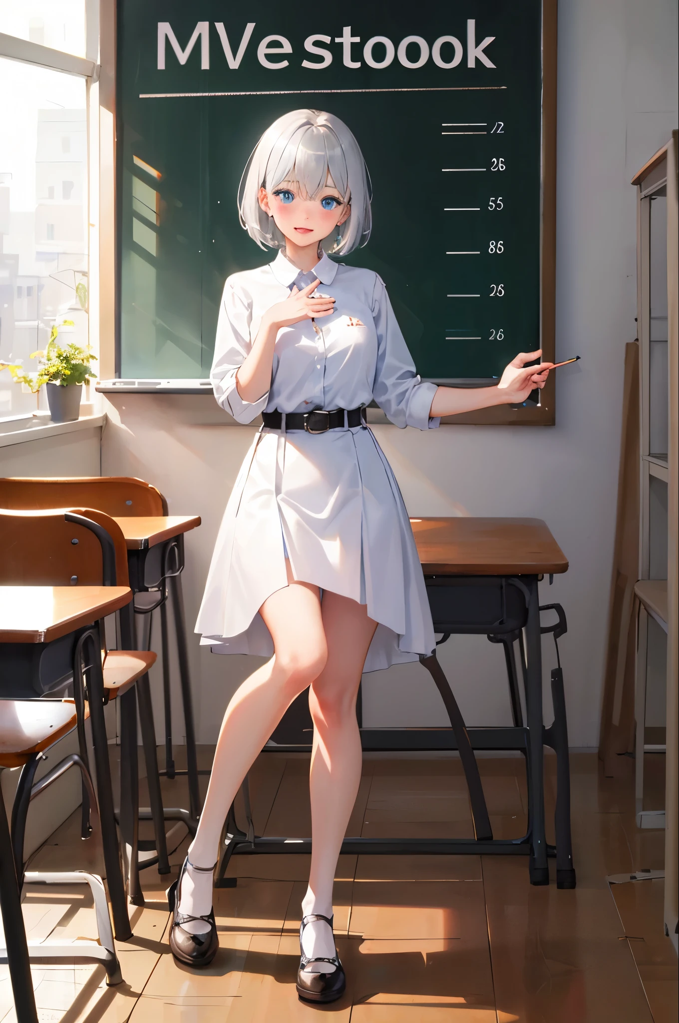 、M-shaped legs、８K,Silver hair, very short hair, slanted eyes, medium breasts（C Cup)-Pale blue eyes、、８K, highest quality, masterpiece, Ultra-detailed、full lip、M-shaped legs、classroom、blackboard,Blushing、