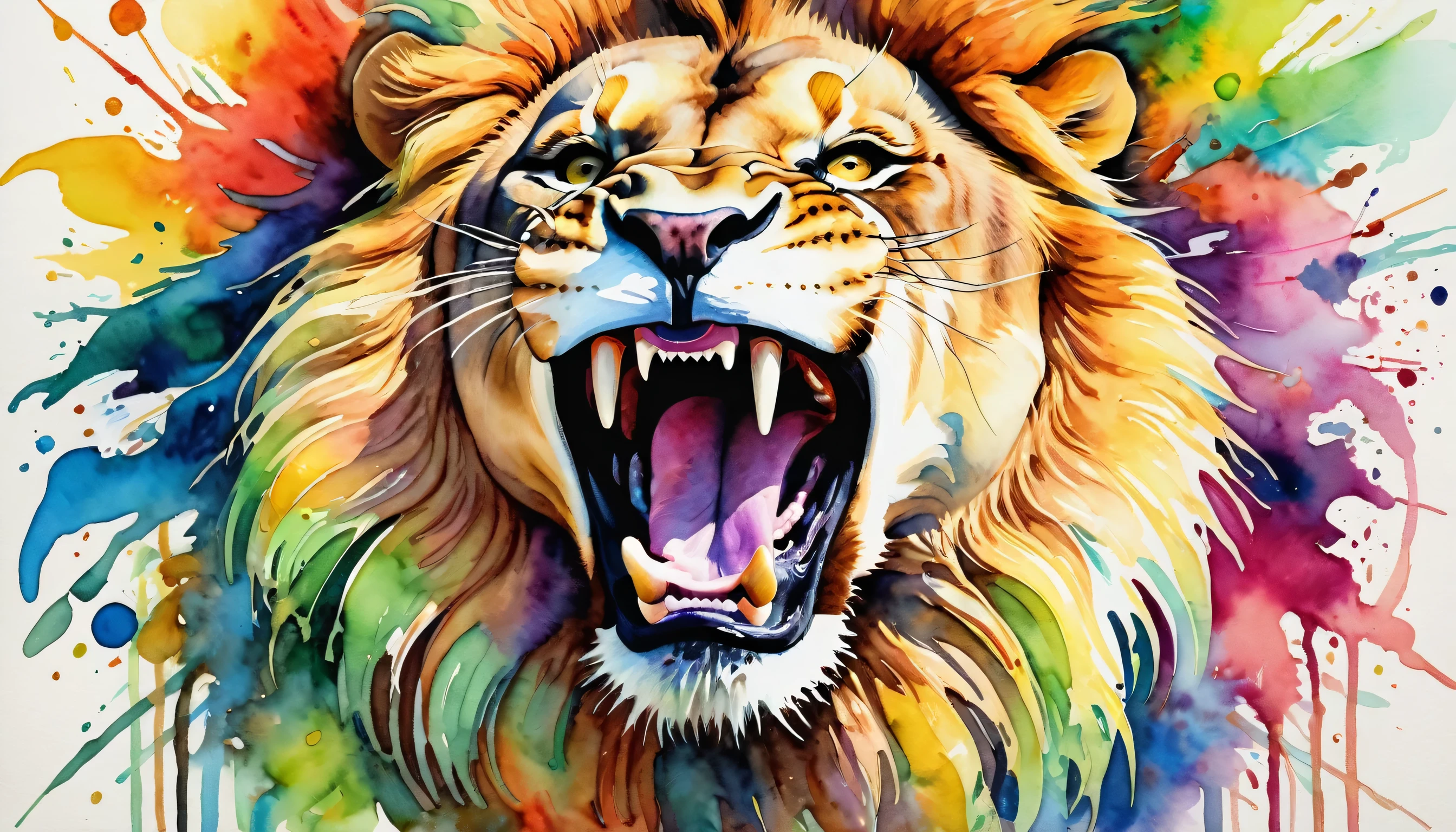 modern art, painting, drawing, watercolor, psychedelic colors, roaring lion, full body, open mouth, fangs