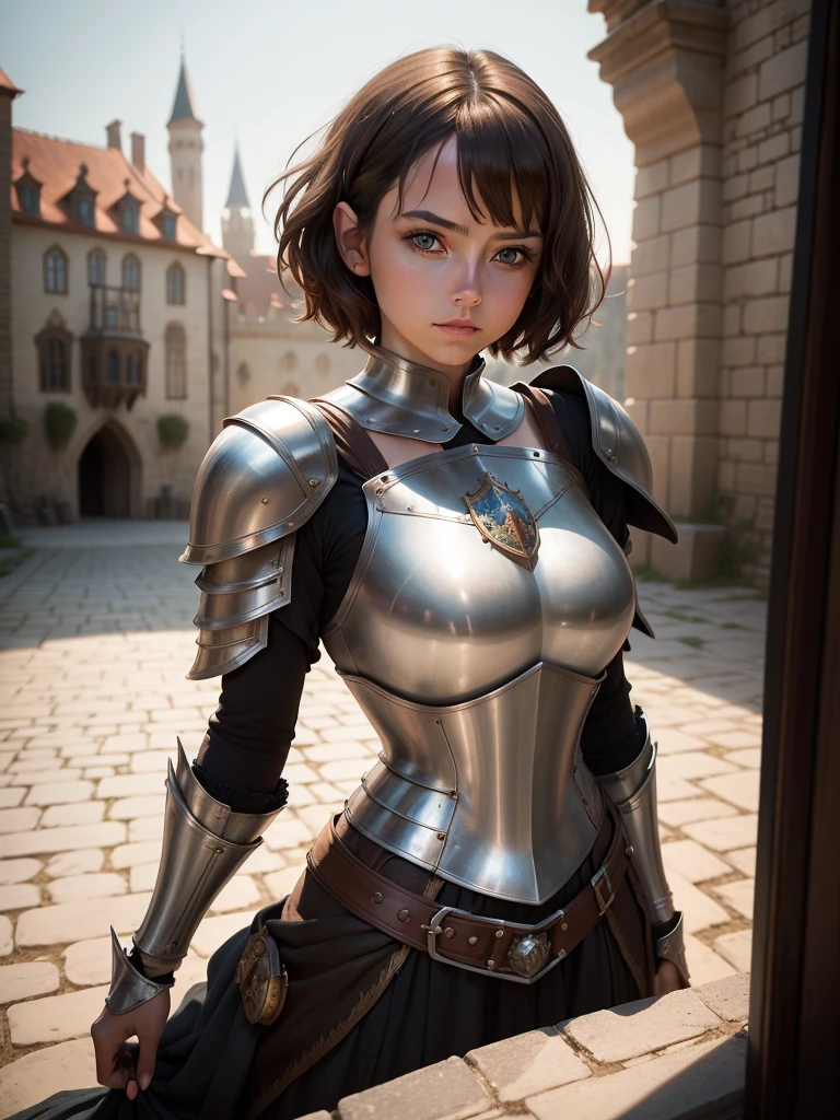 portrait of a girl, the most beautiful in the world, (medieval armor), metal reflections, upper body, outdoors, short hair, brown hair, sunlight, far away castle, professional photograph of a stunning woman detailed, sharp focus, , award winning, cinematic lighting