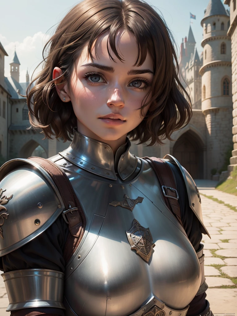 portrait of a girl, the most beautiful in the world, (medieval armor), metal reflections, upper body, outdoors, short hair, brown hair, sunlight, far away castle, professional photograph of a stunning woman detailed, sharp focus, , award winning, cinematic lighting