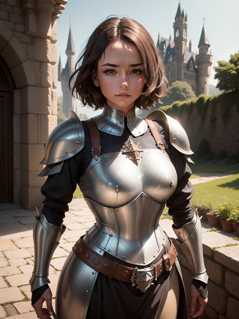 portrait of a girl, the most beautiful in the world, (medieval armor), metal reflections, upper body, outdoors, short hair, brown hair, sunlight, far away castle, professional photograph of a stunning woman detailed, sharp focus, , award winning, cinematic lighting