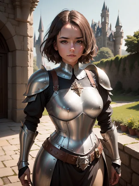 portrait of a girl, the most beautiful in the world, (medieval armor), metal reflections, upper body, outdoors, short hair, brow...