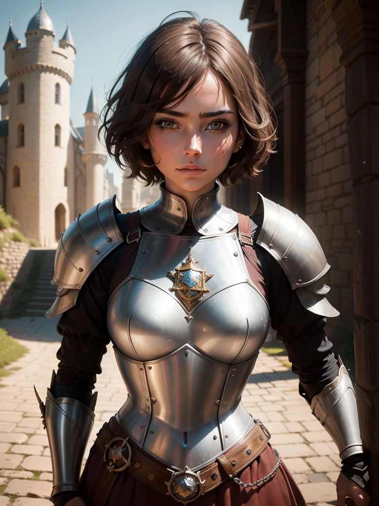 portrait of a girl, the most beautiful in the world, (medieval armor), metal reflections, upper body, outdoors, short hair, brown hair, sunlight, far away castle, professional photograph of a stunning woman detailed, sharp focus, , award winning, cinematic lighting