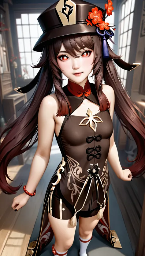 animetoreal,soft light, masterpiece, best quality,high quality,delicate face, realistic,photorealistic,1girl,standing, full body,
hu tao,hu_tao(genshin impact), long brown hair, red eyes, twin tails, small breasts, hat, Chinese clothing, white socks,