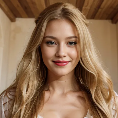 blond,belle, visage parfait, lipstick, sourire, very long hair, elle a des boucles d&#39; elle porte dans ses bras sa fille de 4...