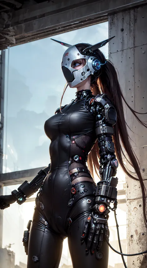 cyborg woman stands motionless in the center of the abandoned bunker, her mechanical body, it seemed, merged with the environmen...