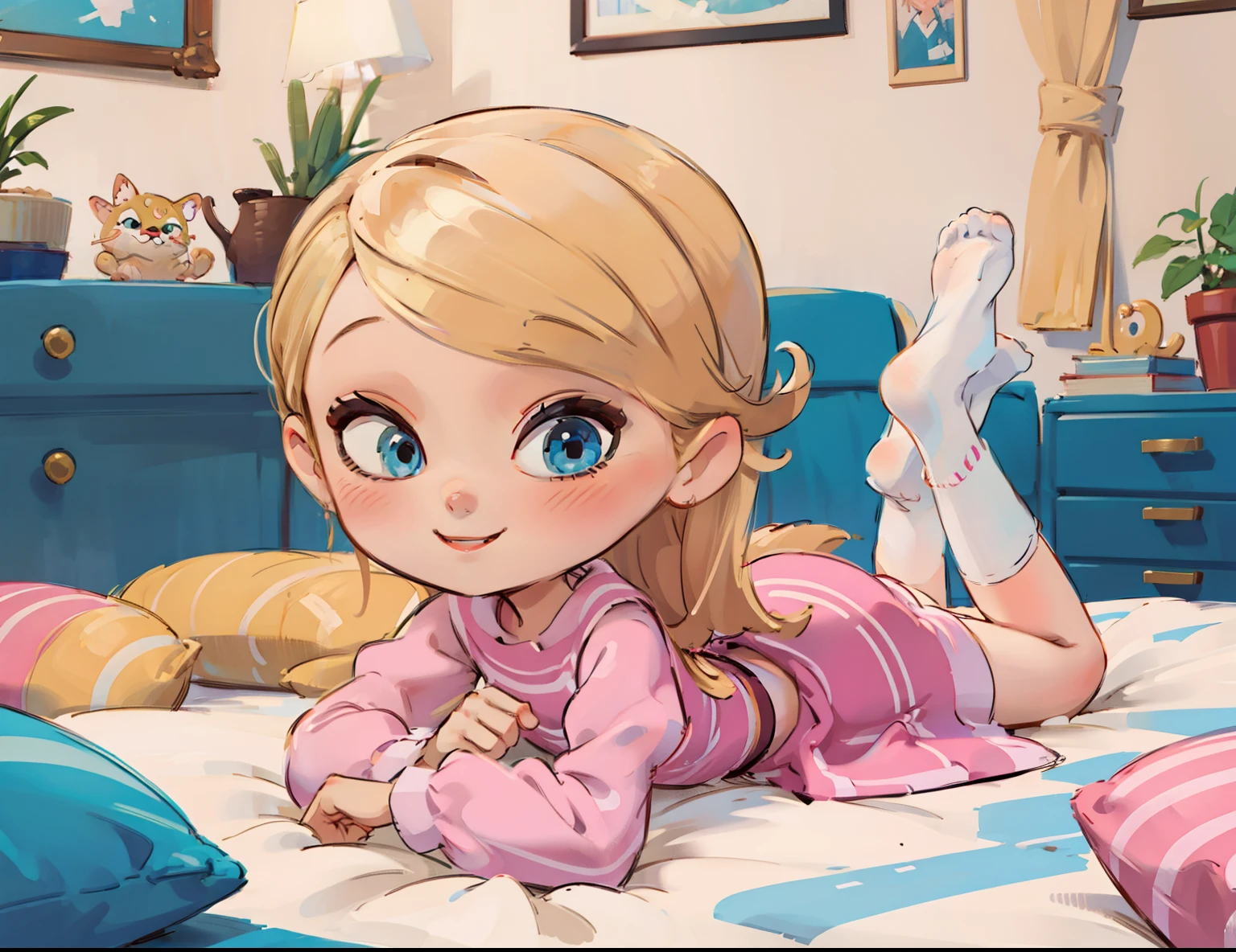 (masterpiece, best quality), 1girl, solo, blonde hair, long hair, teal blue ribbon, ponytail, nine years old, blue eyes, ((pink dress)), puffy sleeves, white tube socks, no shoes, upper body, looking at viewer, light blush, smile, perky, eyes closed, cute smile, indoors, pink, bed, bedroom, straight-on, lying, on stomach,
