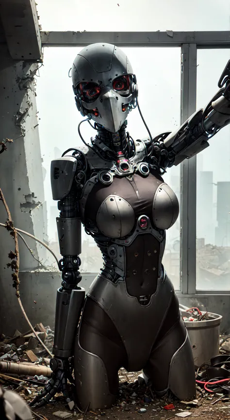 Cyborg woman stands motionless in the center of the abandoned bunker, her mechanical body, it seemed, merged with the environmen...