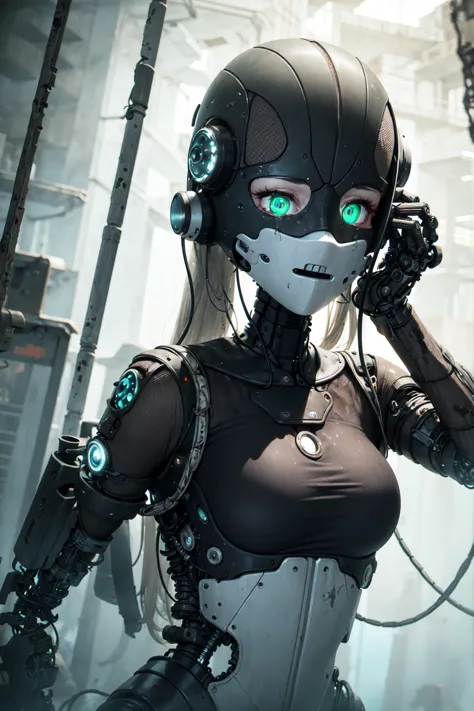 Cyborg woman stands motionless in the center of the abandoned bunker, her mechanical body, it seemed, merged with the environmen...