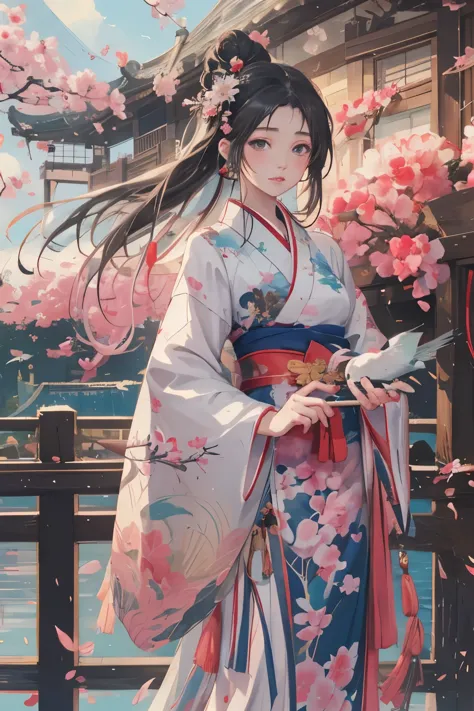 anime girl in a kimono dress with a fan and a bird, palace ， a girl in hanfu, by Yang J, a beautiful artwork illustration, beaut...